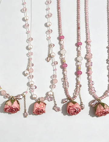 Vintage Pink Rose Flower Pearl Choker Necklace 6W6JNC385L