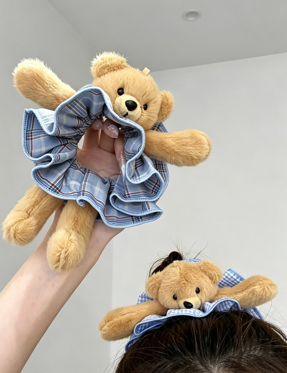 Cute Plush Bear Plaid Print Scrunchies 6W6HSR509