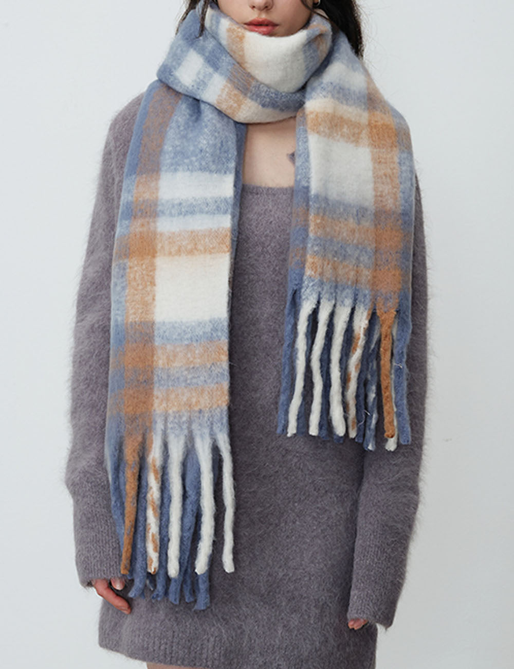 Winter Plaid Cashmere-Feel Tassel Knit Scarf 6W6NSC64