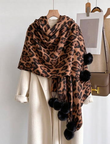 Leopard Print Pompom Scarf - DippedShop Wholesale - #9507