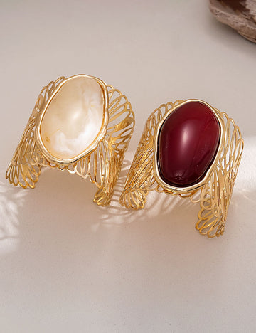 Stylish Oval Stone Hollow Out Wide Cuff Bracelet 6W6JBR585