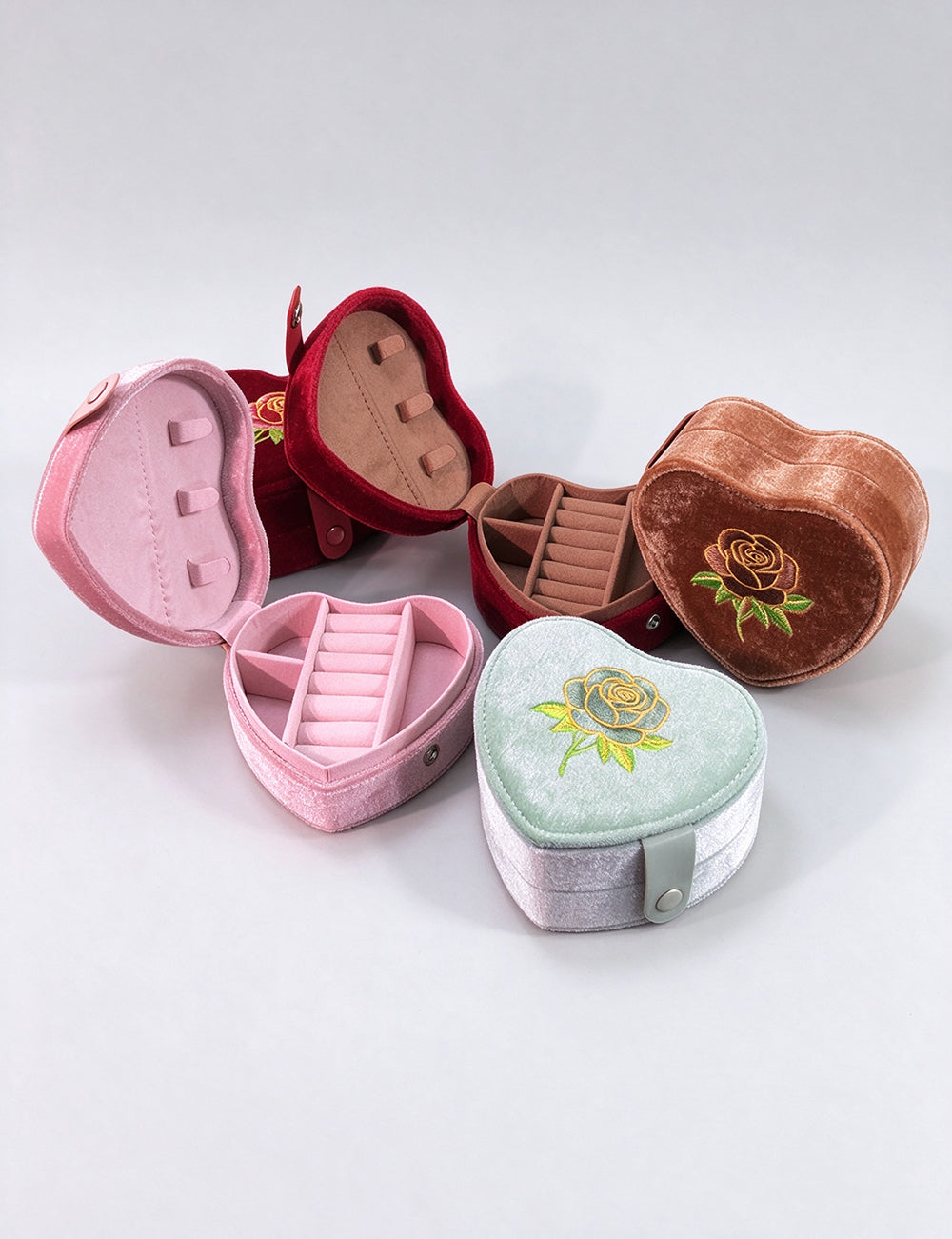 Soft Velvet Floral Embroidery Heart Jewelry Case 6H13HSJ157