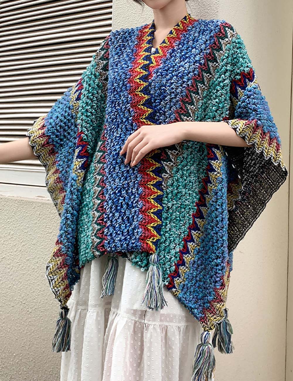 Boho Tassel Wavy Texture Knit Shawl Wrap 6W6NSC48