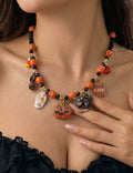 Vintage Halloween Pumpkin Bat Ghost Pendant Necklace 6W6JNC607