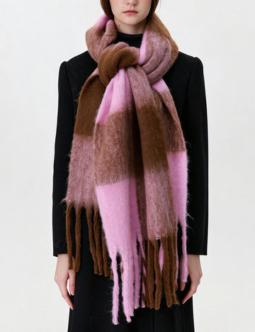 Fluffy Colorblock Oversized Plaid Scarf - DippedShop Wholesale - #9491