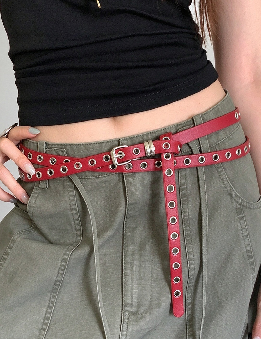 Punk Style Double-Layer Hollow Stud Waist Belt 6W6JBT195