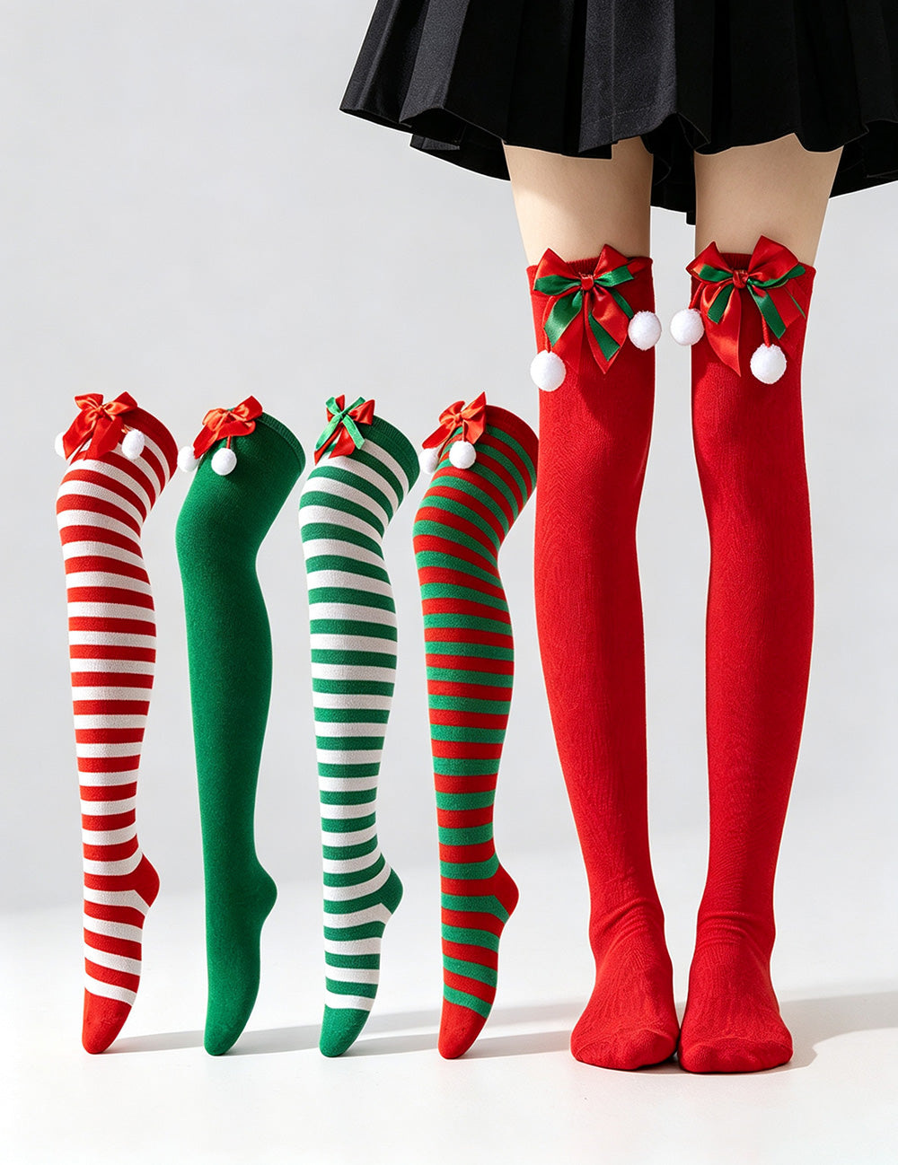 Christmas Bow Pom Pom Thigh High Socks 6W8FSO914