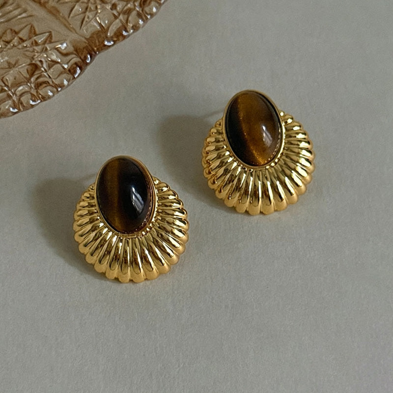 Natural Tiger's Eye Shell Shape Stud Earring 6W6JER568