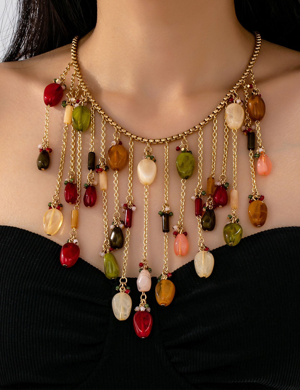 Stylish Gold Plated Beaded Tassel Choker Necklace 6W6JNC616