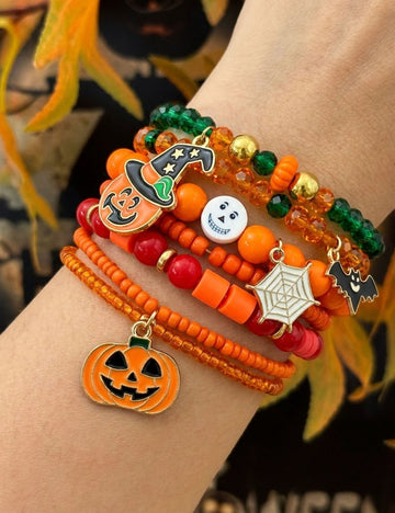 Playful Halloween Pumpkin Spider Beaded Bracelet 6W6JBR450