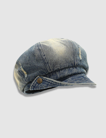 Trendy Washed Ripped Rolled Brim Denim Beret 6W6HAT584