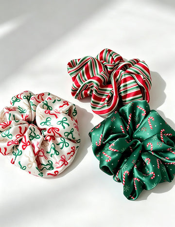 Striped Ribbon Print Christmas Satin Scrunchies 6W6HSR412
