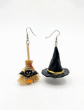 Halloween Witch Hat Broom Asymmetrical Dangle Earrings 6W6JER546