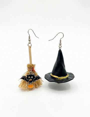 Halloween Witch Hat Broom Asymmetrical Dangle Earrings 6W6JER546