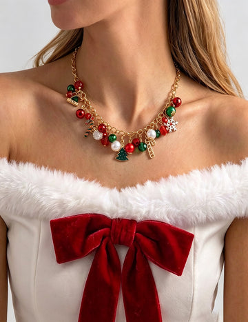 Christmas Santa Snowflake Pearl Charm Necklace 6W6JNC873