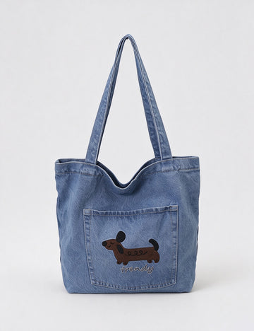 Vintage Embroidered Dog Denim Shoulder Tote Bag 6W10BBG2369