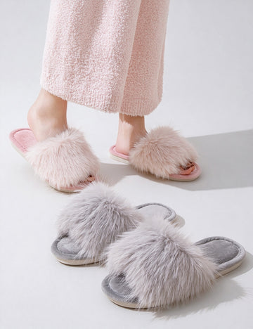Fluffy Faux Fur Open-Toe Indoor Slippers 6W8FSP282