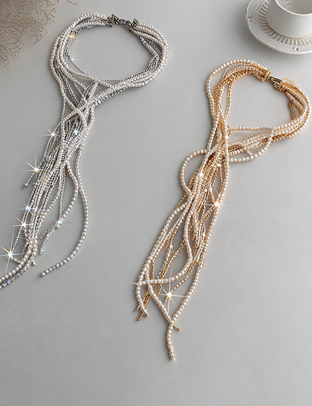 Exaggerated Multi Layer Pearl Rhinestones Necklace 6W6JNC663