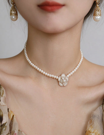 Elegant Camellia Pendant Pearl Chain Choker Necklace 6W6JNC905