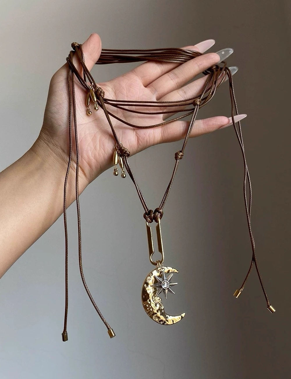 Vintage Multi Layer Rope Braided Moon Pendant Necklace 6W6JNC667