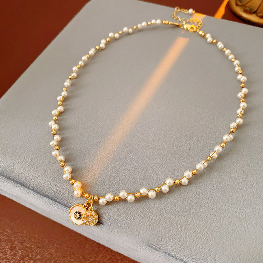 Stylish Rhinestone Eight-Star Pendant Pearl Necklace 6W6JNC969