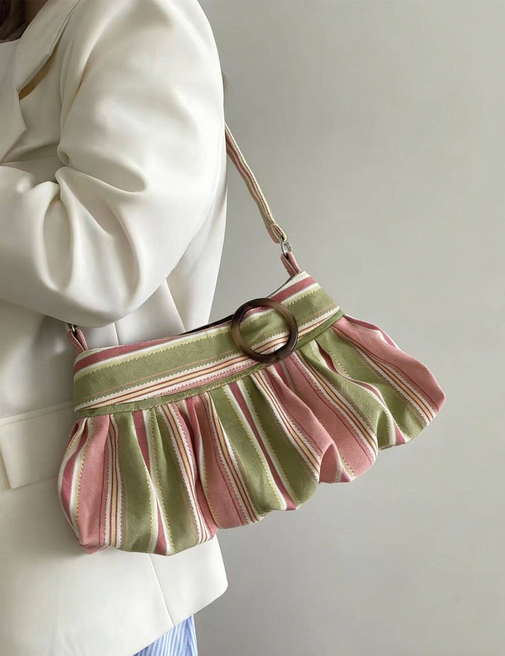 Fresh Color Block Striped Ruffled Shoulder Bag 6W10BBG1318