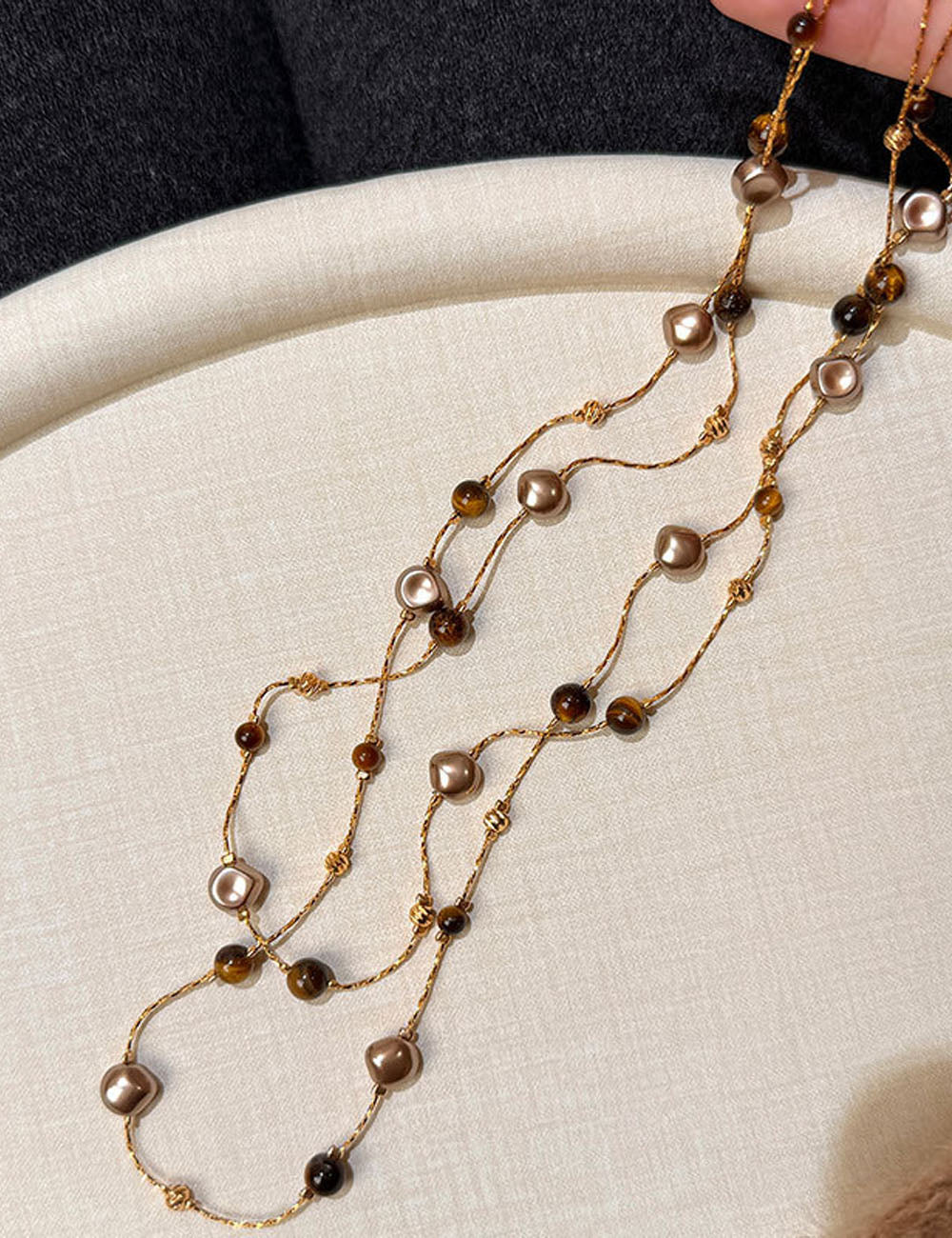Vintage Tiger's Eye Pearl Chain Necklace 6W6JNC679