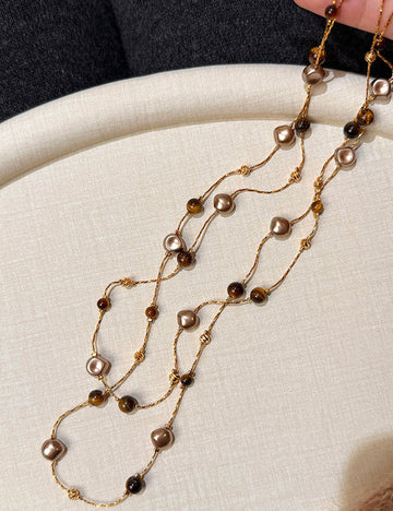 Vintage Tiger's Eye Pearl Chain Necklace 6W6JNC679