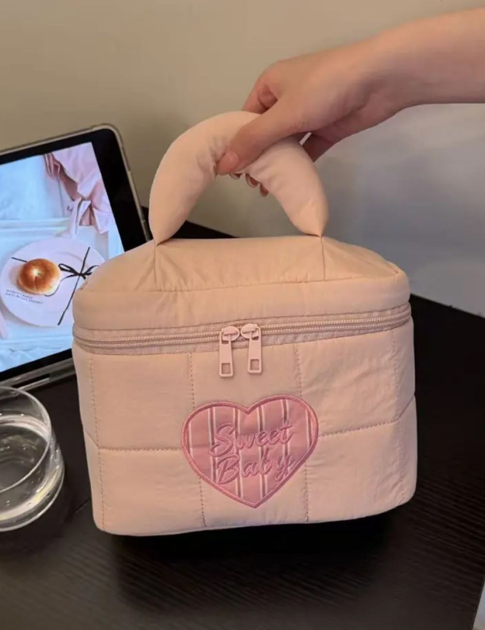 Cute Solid Color Love Heart Embroidery Makeup Bag MK2BW6S10BOB80