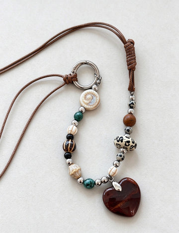 Retro Wooden Heart Stone Bead Chain Necklace 6W6JNC1016