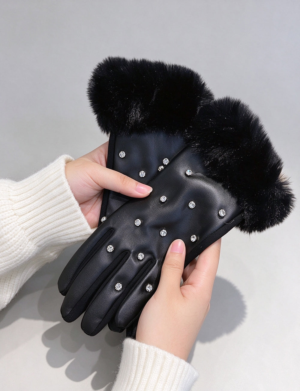 Rhinestone Plush Warm Gloves - DippedShop Wholesale - #0963