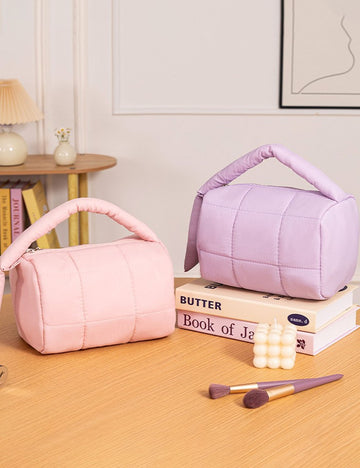 Solid Color Cotton Quilted Top Handle Cosmetic Bag 6S10BOB1042