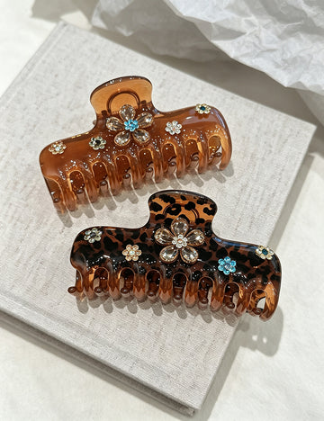 Vintage Rhinestone Floral Leopard Print Hair Claw 6W6HCP1646
