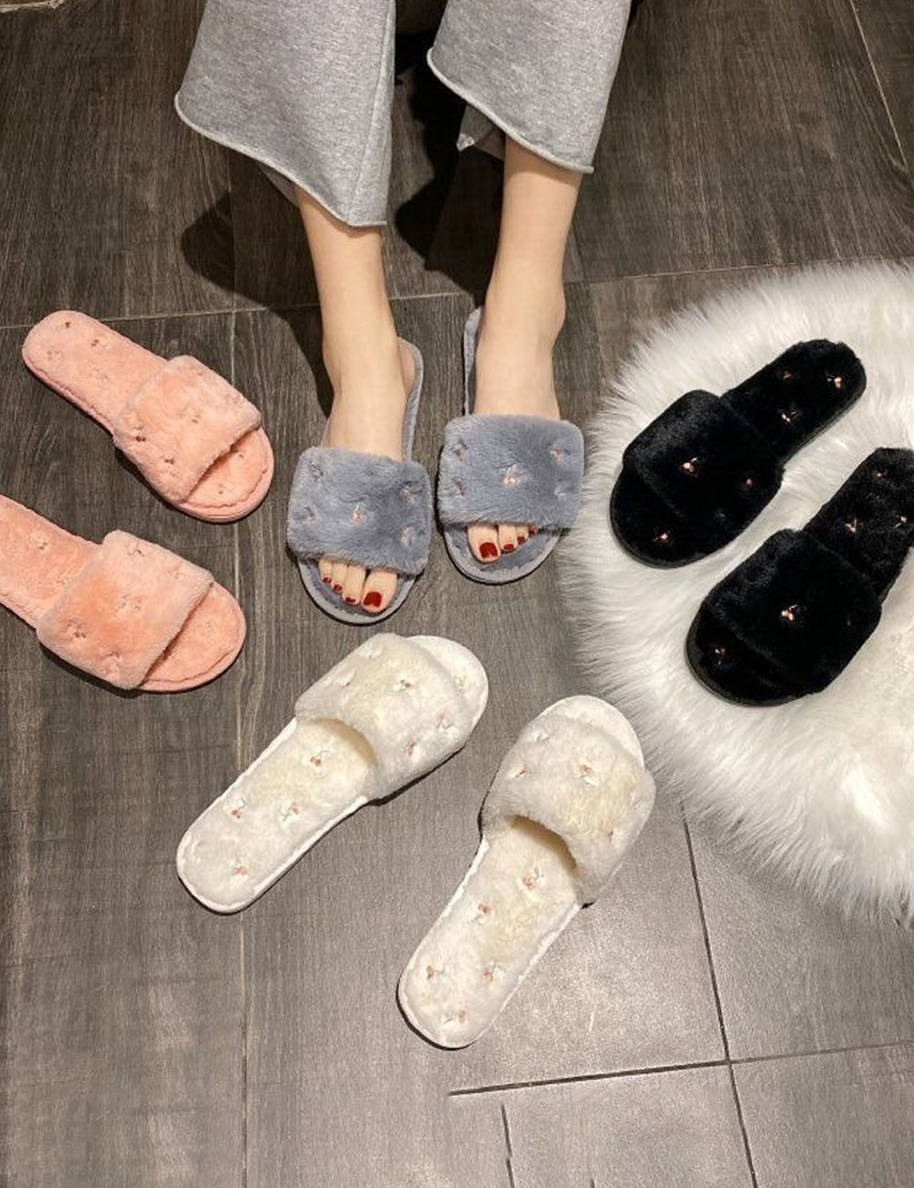 Plush Cherry Embroidered Slippers - DippedShop Wholesale - #4883