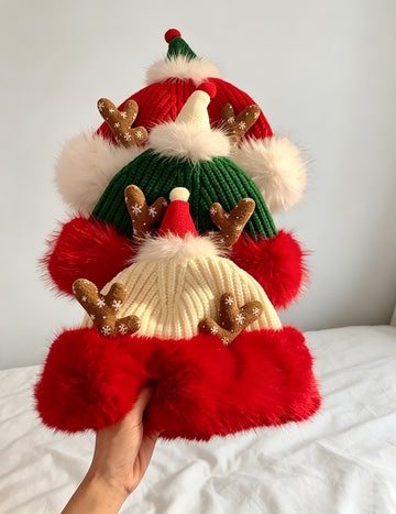 Fuzzy Plush Reindeer Antler Christmas Knitted Beanie 6W6HAT833