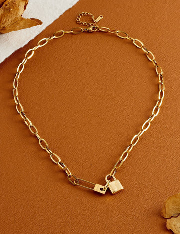 Vintage Gold Plated Lock Pendant Choker Necklace 6W6JNC618