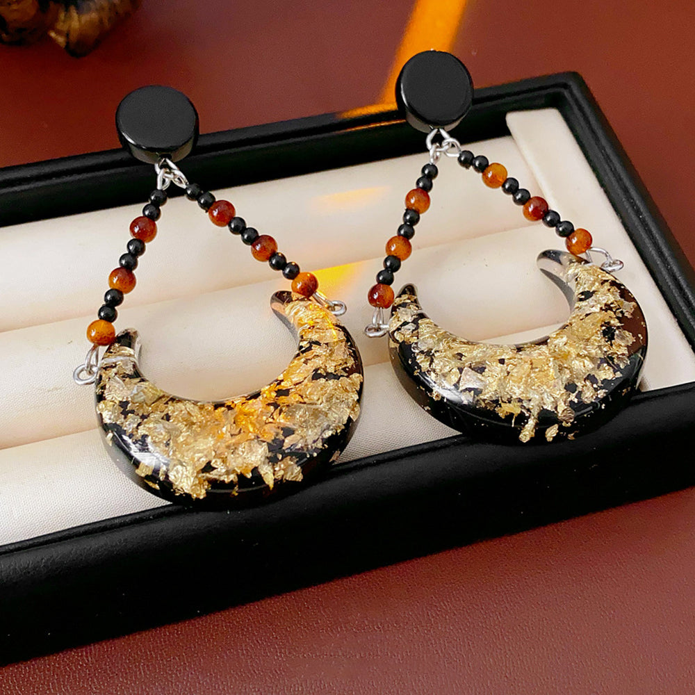 Vintage Resin Gold Foil Crescent Moon Dangle Earrings 6W6JER740