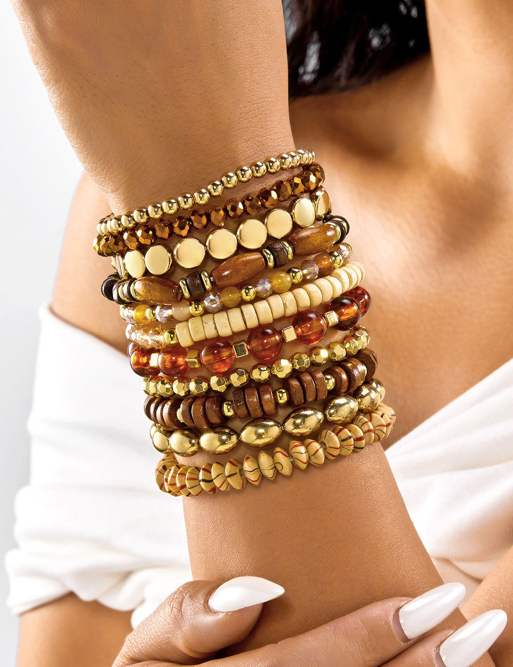 Boho Style Wooden Beaded Layered Elastic Bracelet 6W6JBR504