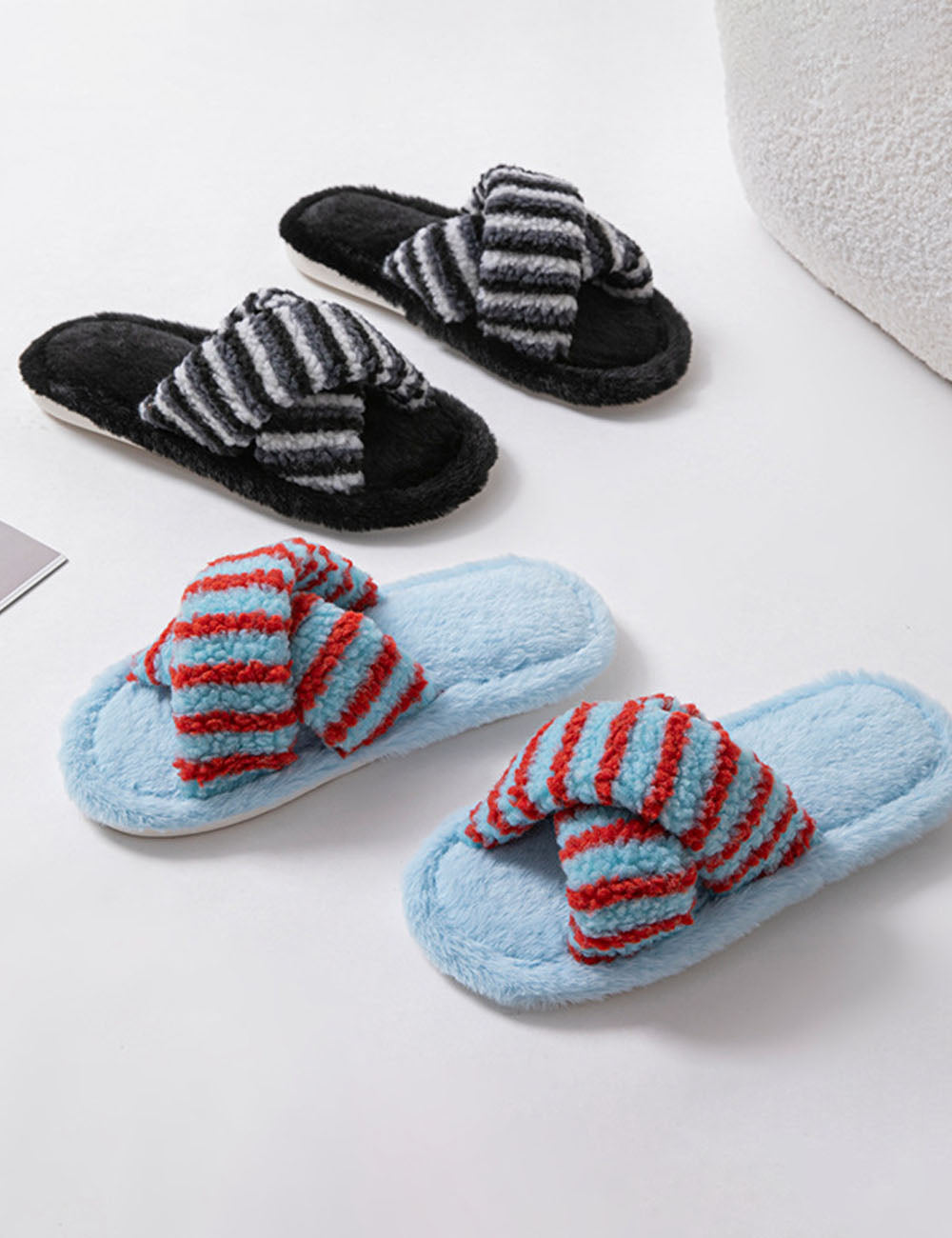 Soft Striped Plush Slippers - DippedShop Wholesale - #6819