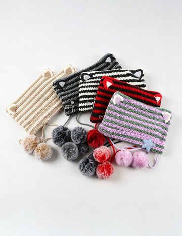 Cute Striped Cat Ear Beanie Hat With Pompoms 6W6HAT524