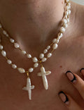 Natural Pearl Chain Cross Pendant Choker Necklace 6W6JNC639