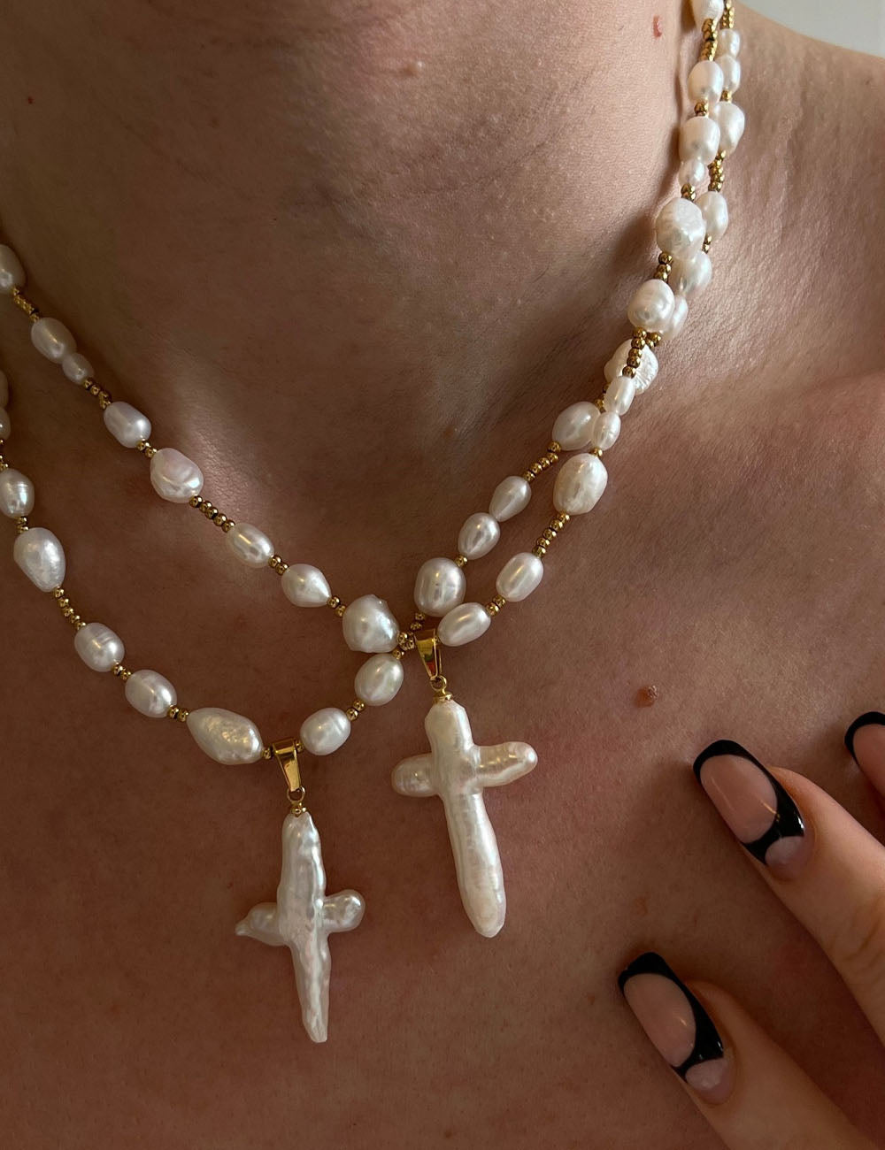 Natural Pearl Chain Cross Pendant Choker Necklace 6W6JNC639