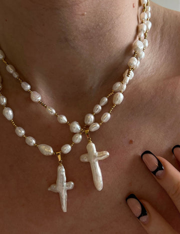 Natural Pearl Chain Cross Pendant Choker Necklace 6W6JNC639
