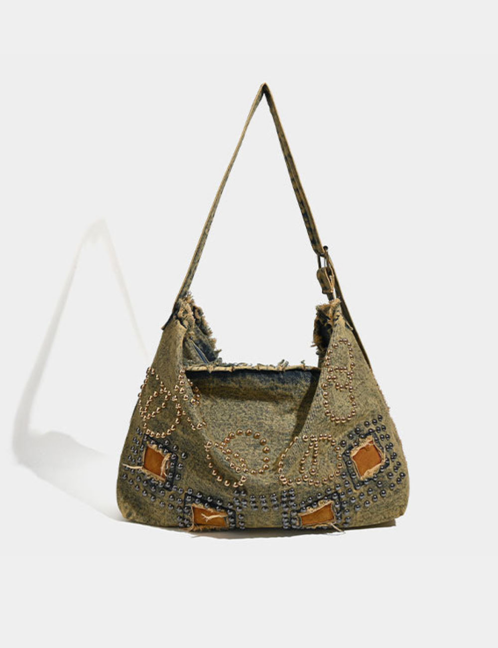 Vintage Washed Distressed Denim Studded Shoulder Bags 6W10BBG1338