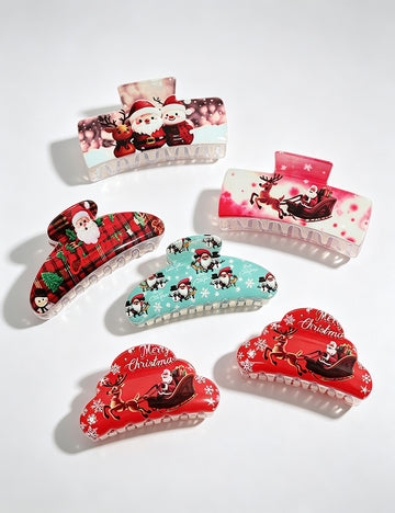 6 Pcs Christmas Print Non-Slip Hair Claws Set 6W6HCP1615