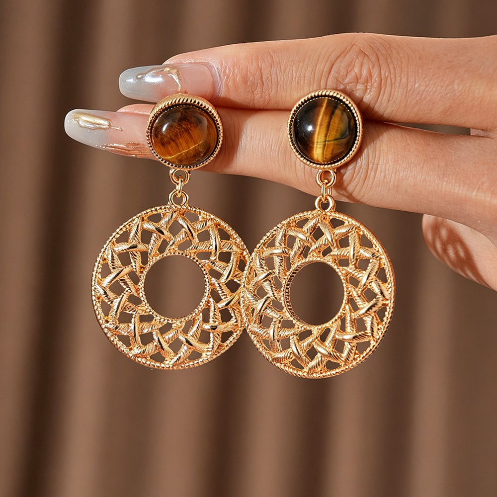 Vintage Tiger Eye Stone Hollow Circle Dangle Earrings 6W6JER774