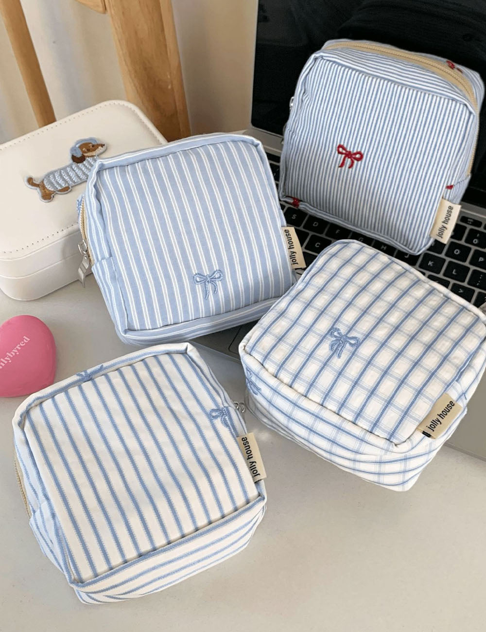 Minimalist Striped Print Bowknot Embroidery Cosmetic Bag 6S5CO125
