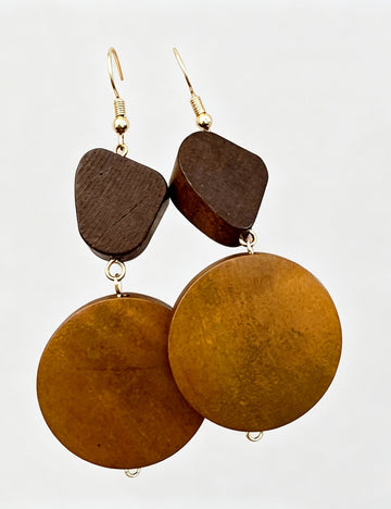 Vintage Wood Disc Pendant Dangle Earrings 6W6JER556