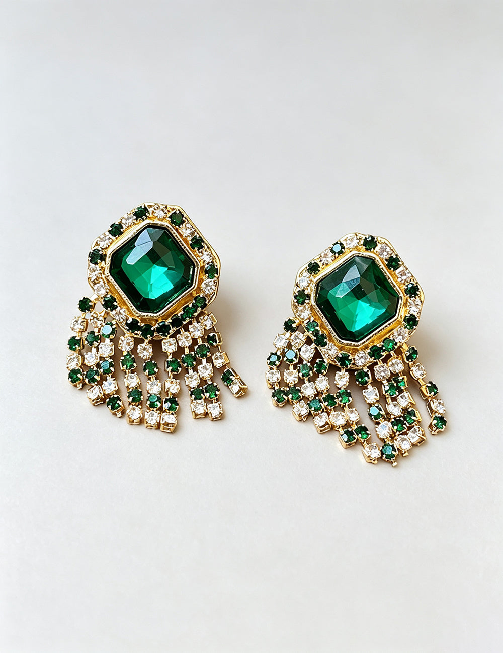 Vintage Emerald Crystal Tassel Dangle Earrings 6W6JER759