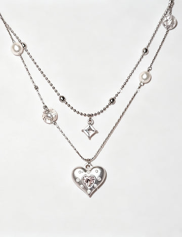 Double-Layer Cubic Zirconia Heart Pendant Necklace 6W6JNC381L
